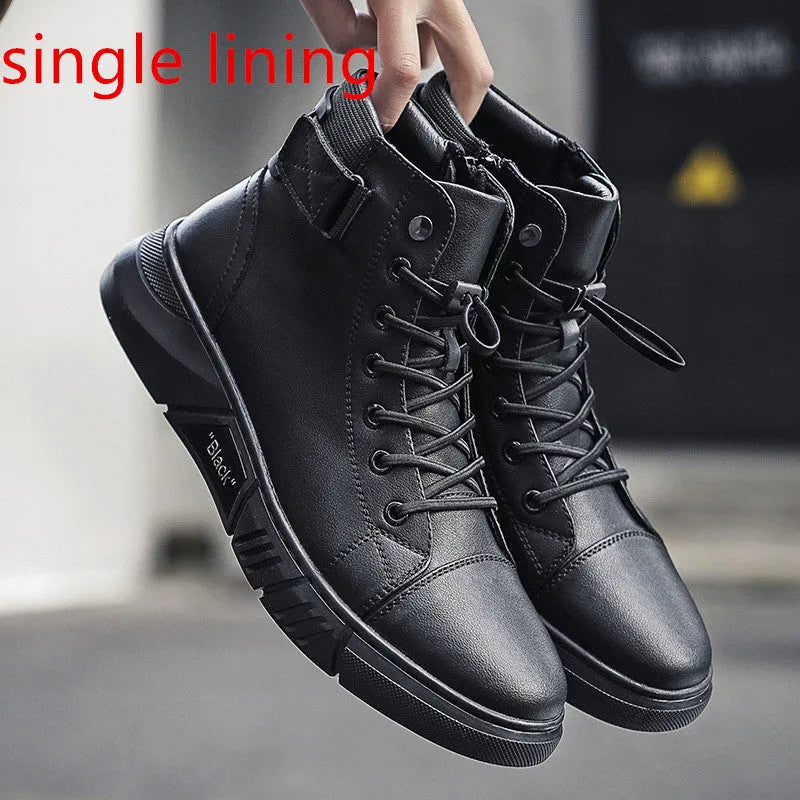 Black high-top men's leather boots with cotton lining and rubber sole on wooden floor