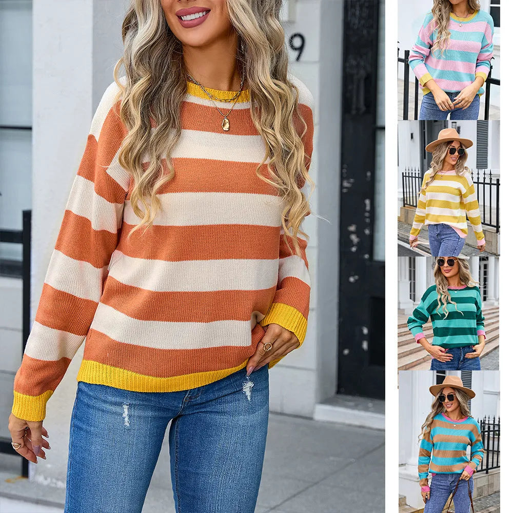 Women's striped acrylic sweater in loose fit with long sleeves and round neck
