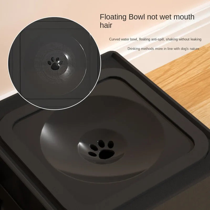 Black adjustable-height dog feeding stand with two stainless steel bowls on a non-slip plastic base.