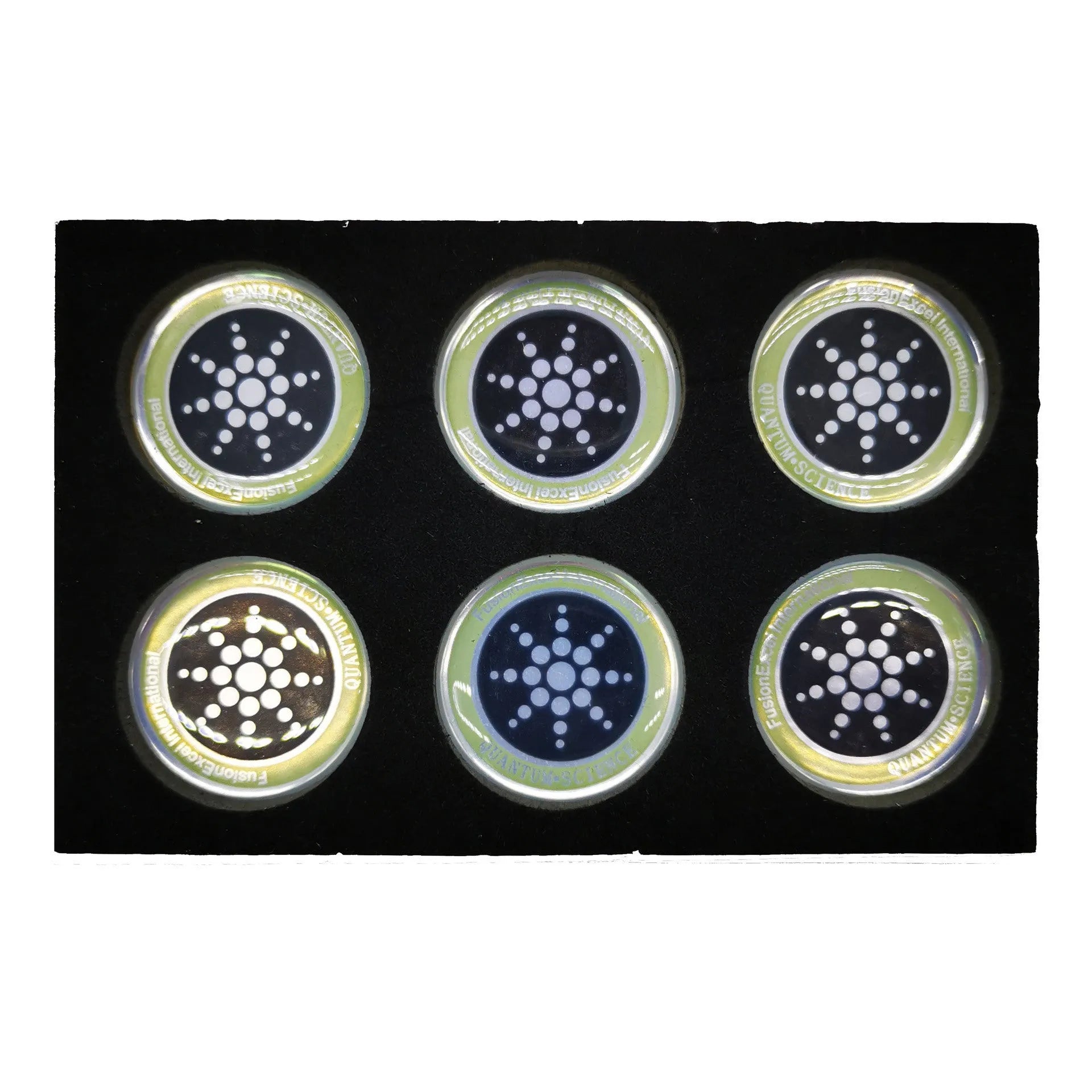 Box of 6 anti-electromagnetic wave stickers for mobile phones in gold and silver colours