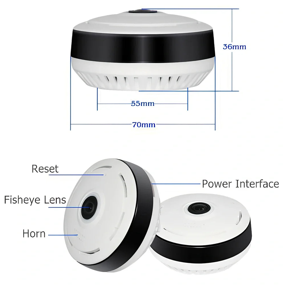 White Cobell 960P WiFi IP camera with 360 degree lens, night vision up to 15m, mounted on ceiling for home security
