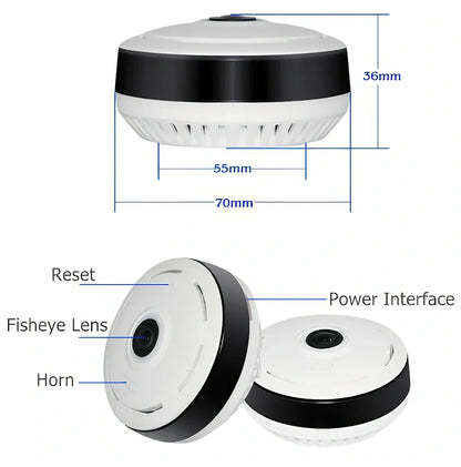 White Cobell 960P WiFi IP camera with 360 degree lens, night vision up to 15m, mounted on ceiling for home security