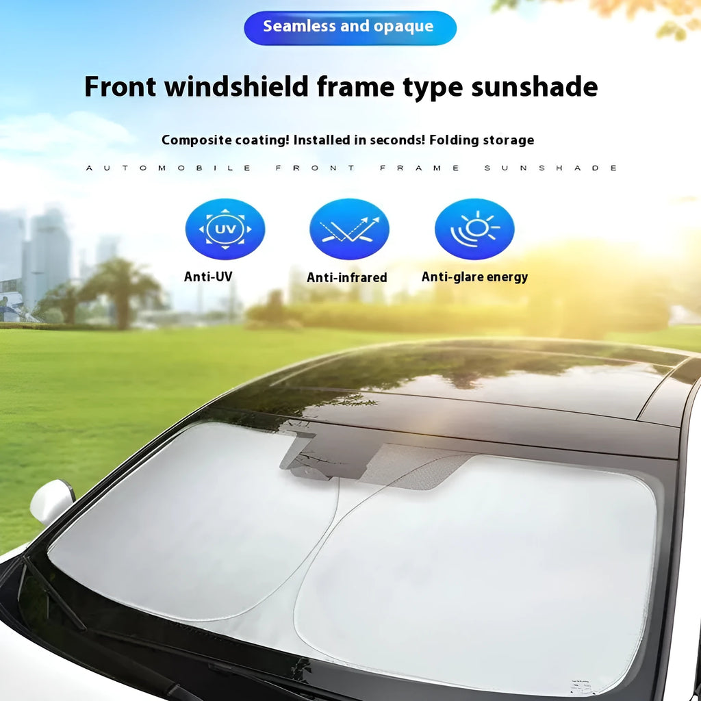 Titanium silver aluminium foil car sunshade laid flat showing its rectangular shape and size.