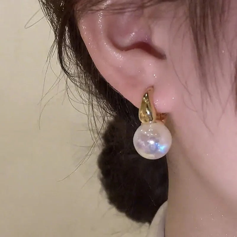 Mermaid pearl earrings for women, 14K gold plated copper U-shaped drop earrings with white pearl accent