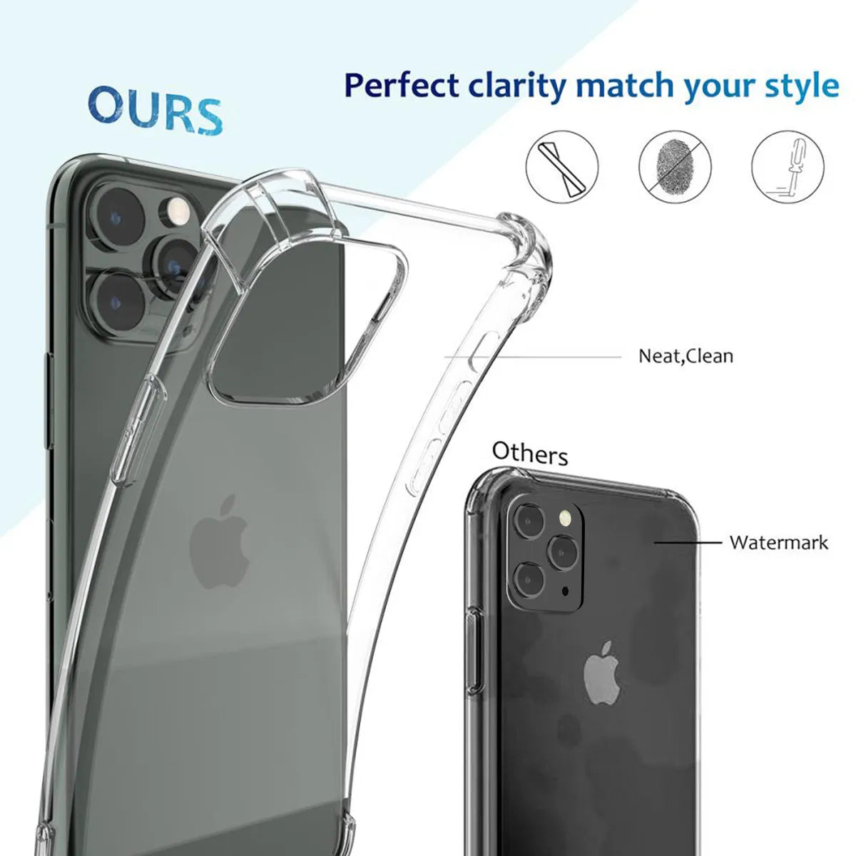 Clear transparent shockproof TPU phone case for Apple iPhone models on a table.