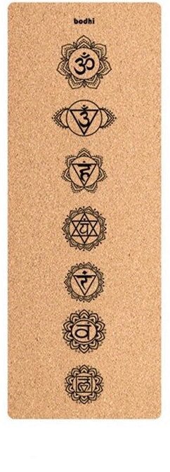 Cork yoga mat showing asana guide lines pattern with 183cm length and natural texture surface