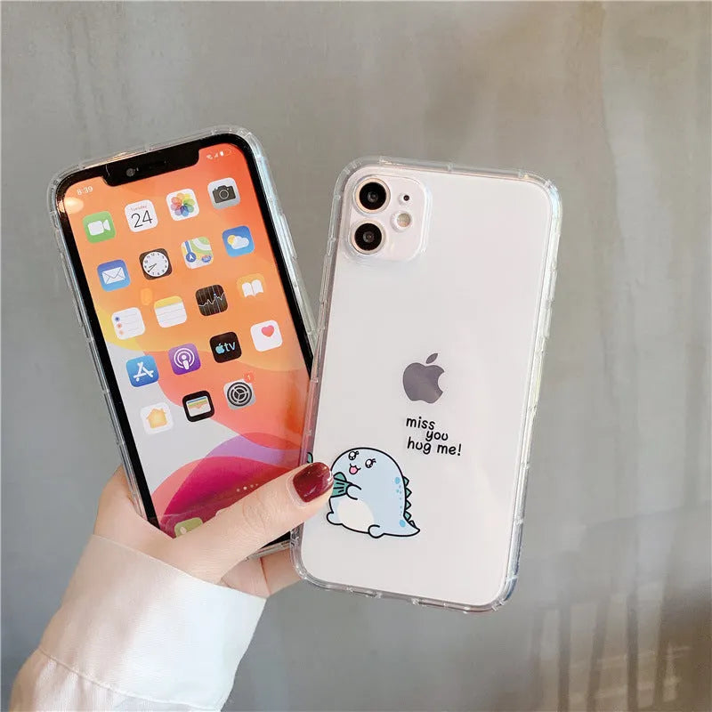 Transparent silicone TPU iPhone case with airbag design and a green dinosaur graphic on the back.