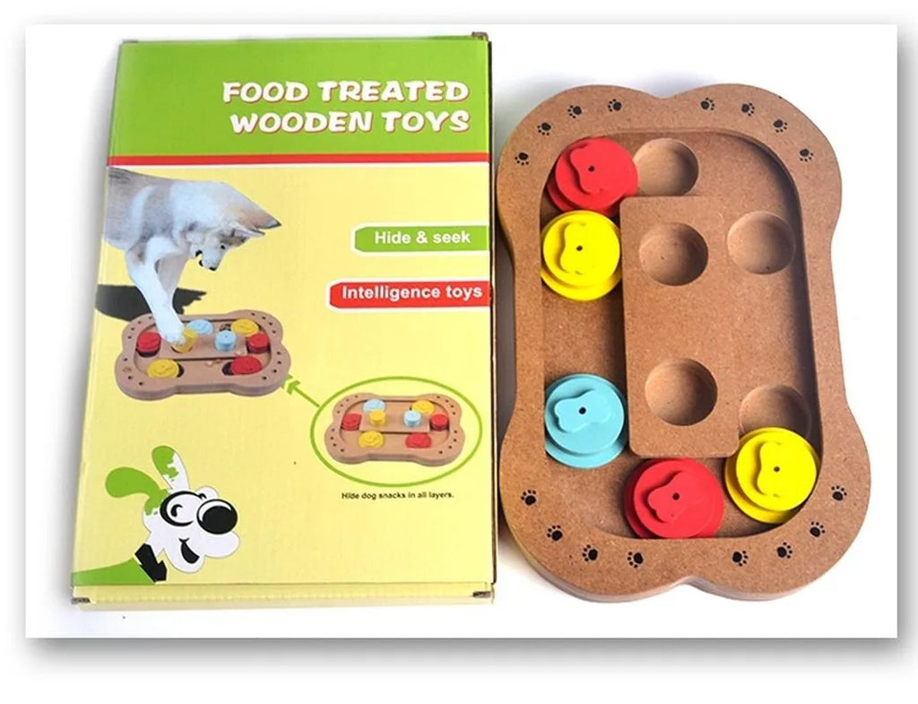 Wooden dog puzzle toy in bone style for interactive feeding and play