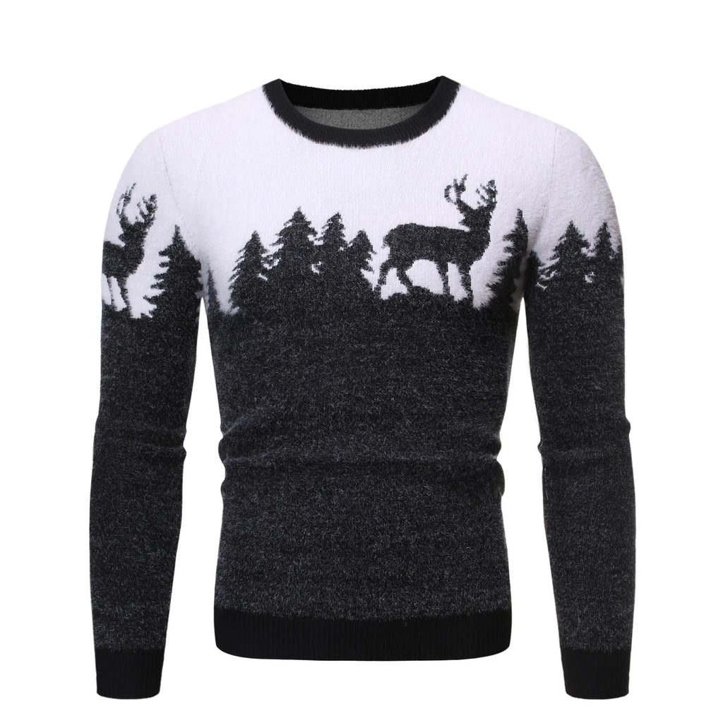 Christmas deer sweater in slim fit with colour block design in red, black, and navy blue