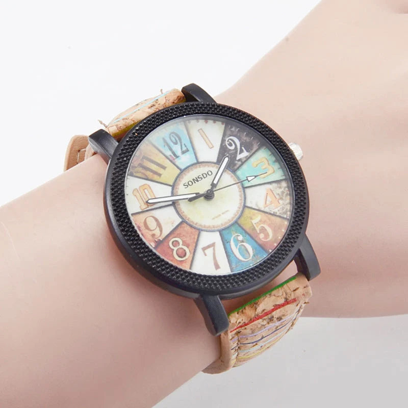 Casual vintage leather women's quartz wrist watch with round dial and stainless steel buckle