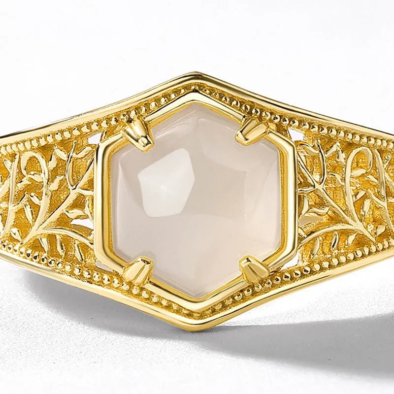 Retro geometric hexagon Hetian jade ring with 10k gold swimming paint finish on silver band, adjustable opening for women