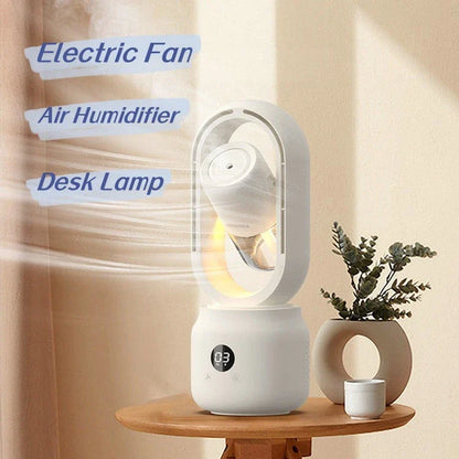 USB rechargeable bladeless water mist fan with humidifier in white, blue, and pink