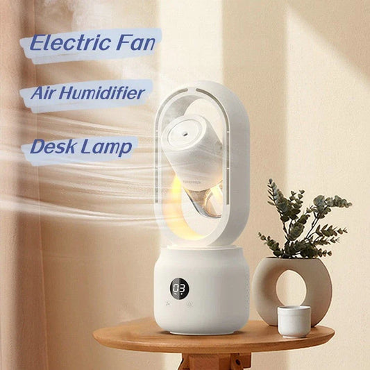 USB rechargeable bladeless water mist fan with humidifier in white, blue, and pink