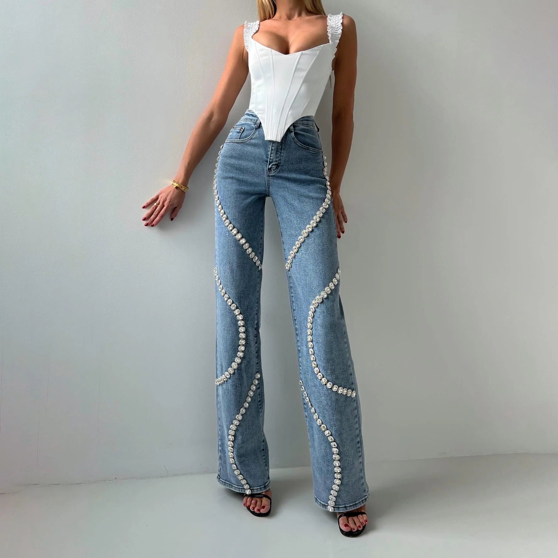 Women's loose straight leg jeans with rhinestone denim design in blue