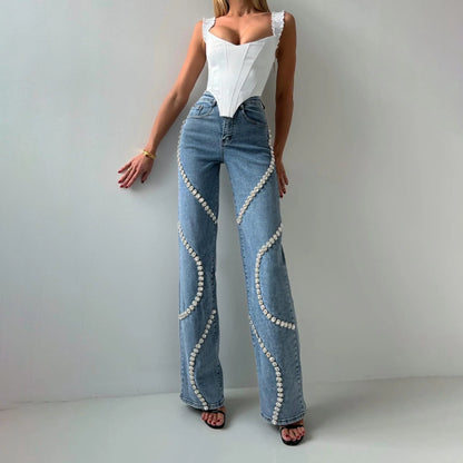 Women's loose straight leg jeans with rhinestone denim design in blue