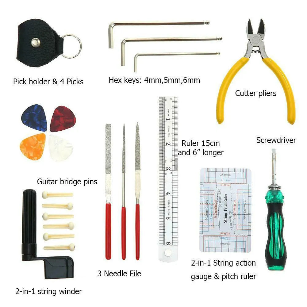 Black plastic and metal guitar repair tool kit for guitar bass mandolin banjo
