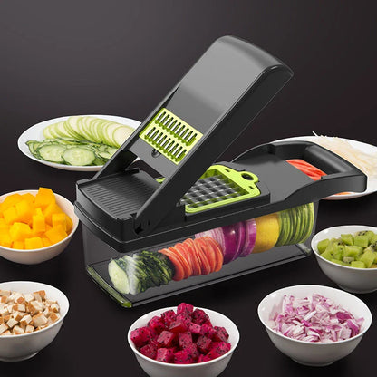 Versatile vegetable slicer with interchangeable blades for slicing, dicing, and shredding a variety of fruits and vegetables