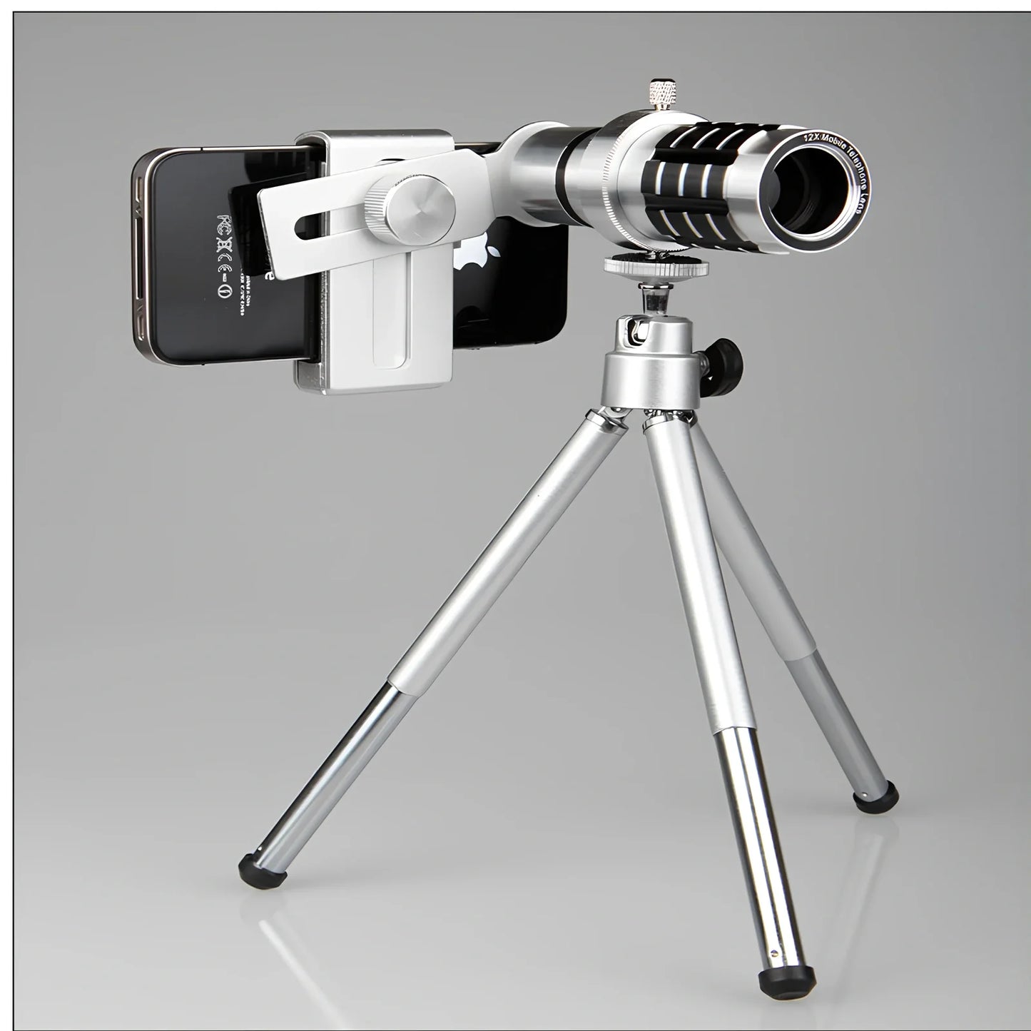 12x mobile telescope with aluminum phone clip attached to smartphone on extended tripod
