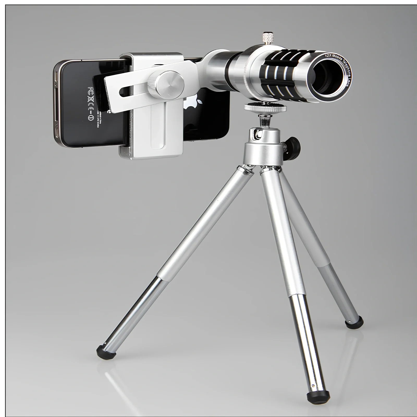 12x mobile telescope with aluminum phone clip attached to smartphone on extended tripod
