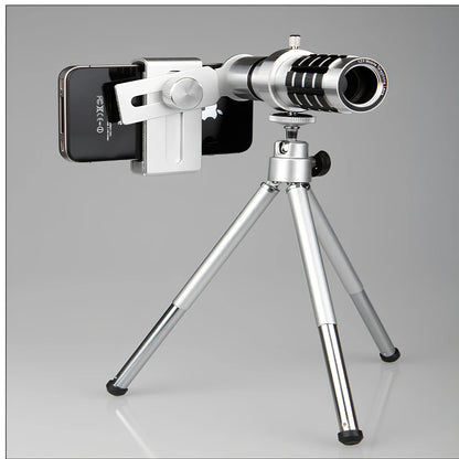 12x mobile telescope with aluminum phone clip attached to smartphone on extended tripod