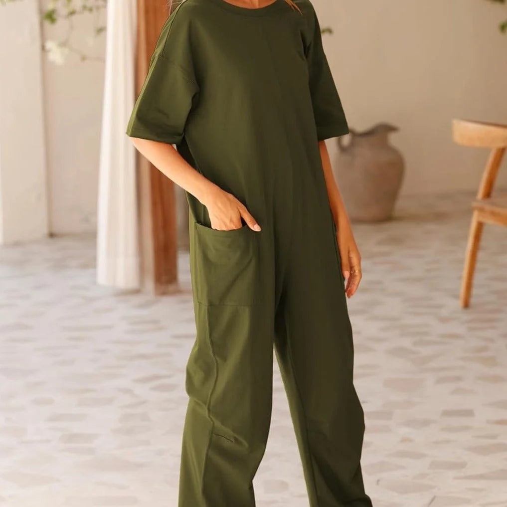 Women's stretch V-neck jumpsuit with pockets in various colours