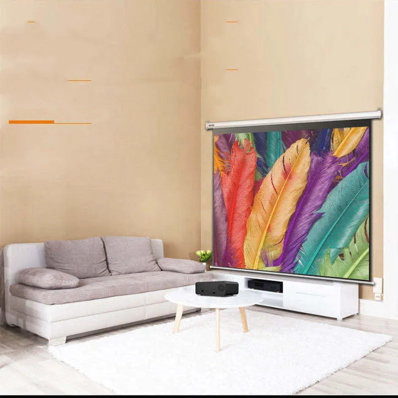 Pearl white Android smart HD micro projector on desk with projected screen 220-124cm