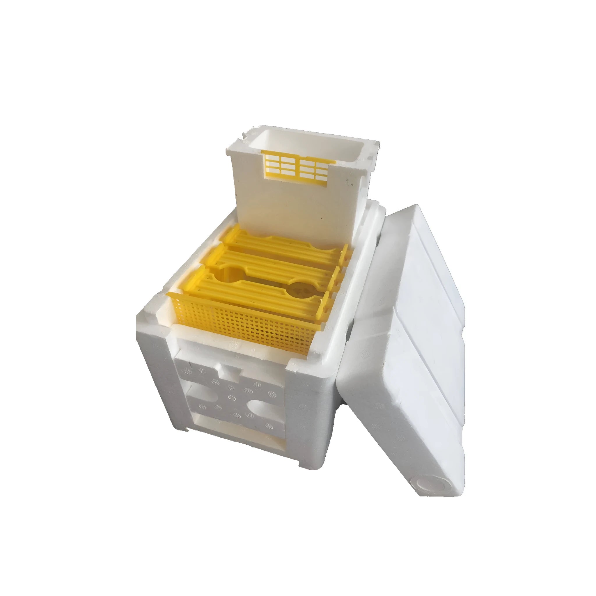 Three white EPS foam bee delivery boxes for hive breeding and pollination management