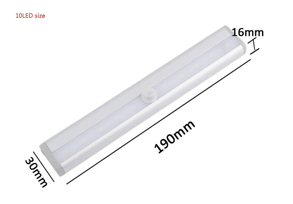 Aluminium magnetic LED closet light with motion sensor on a wardrobe shelf.