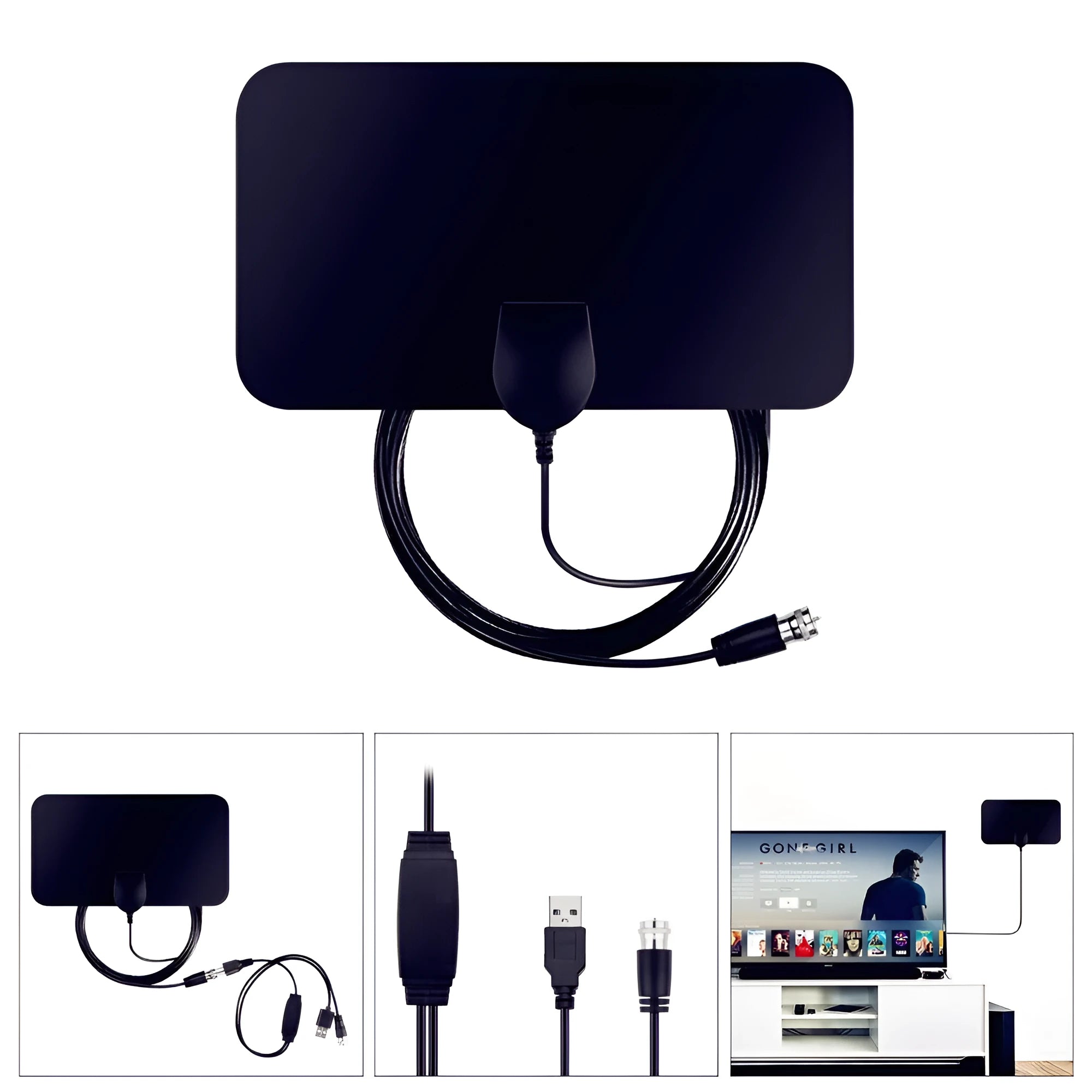 Black digital HD indoor TV plate antenna measuring 210x120mm with 3-metre coaxial cable