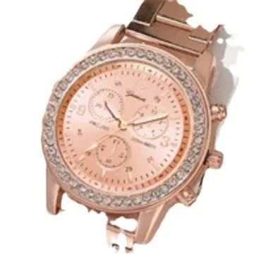 Women's three-eye quartz diamond-embedded watch with alloy strap in rose gold colour