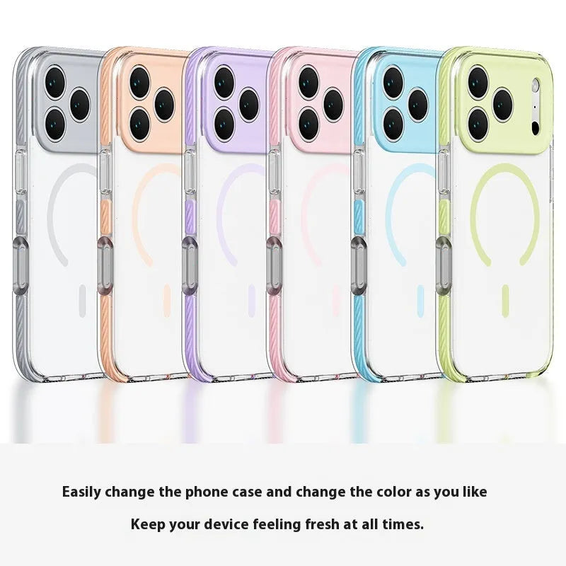Transparent magnetic iPhone protective case showing sweet blue, candy green, and sweet orange colour options