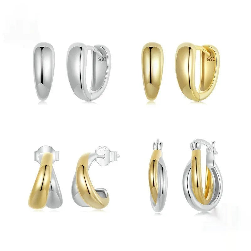 Double ring plain ornament earrings in 925 sterling silver with electroplated finish, women's jewellery