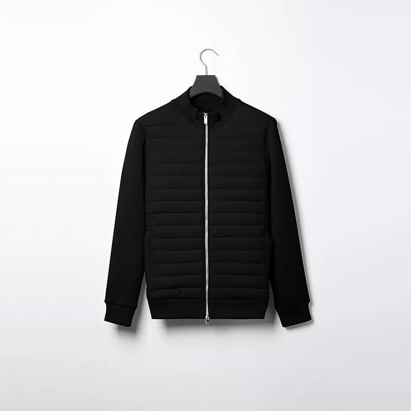 Men's lightweight stand collar coat in solid colour, knitted cotton blend fabric, with topstitching pockets