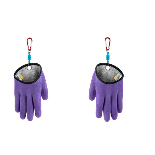 Purple anti-slip fishing gloves with latex coating and magnetic clip for puncture protection in left or right hand, 25cm length