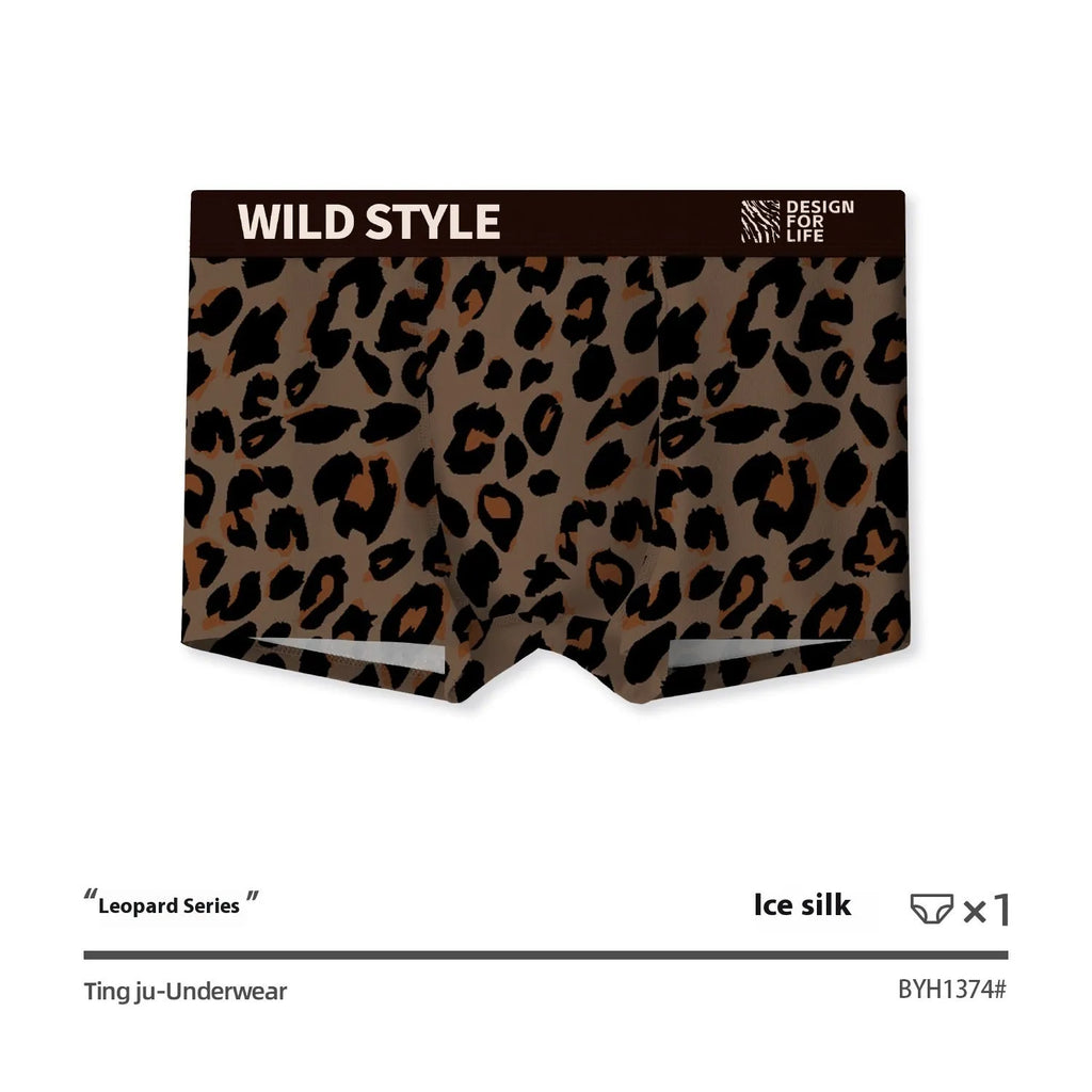 Men's leopard print ice silk underwear trousers in a folded display showing the mid waist design and patterned fabric.