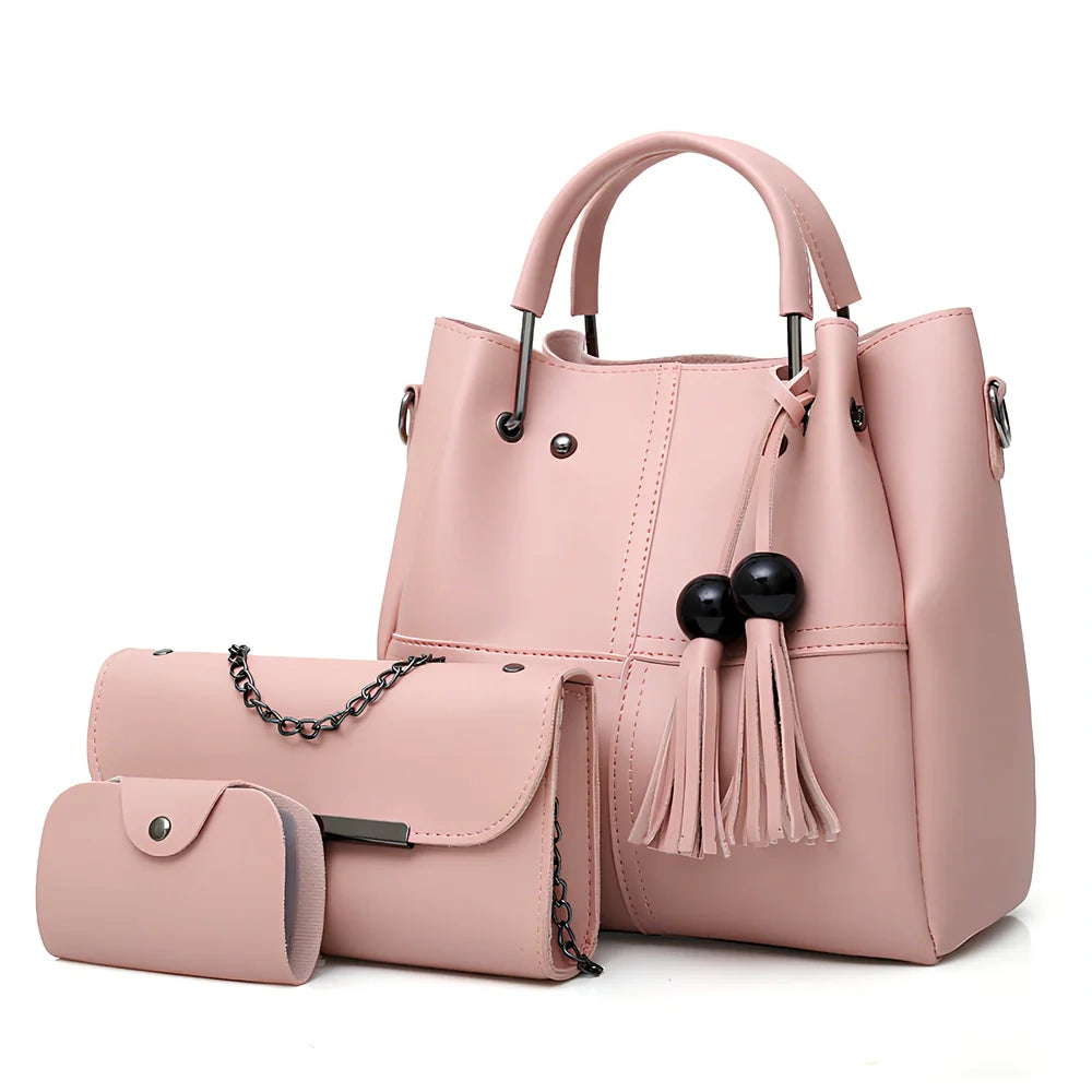 White three-piece tassel messenger bag set with 27x26x13cm main PU bag, zipper closure, and internal pockets for women