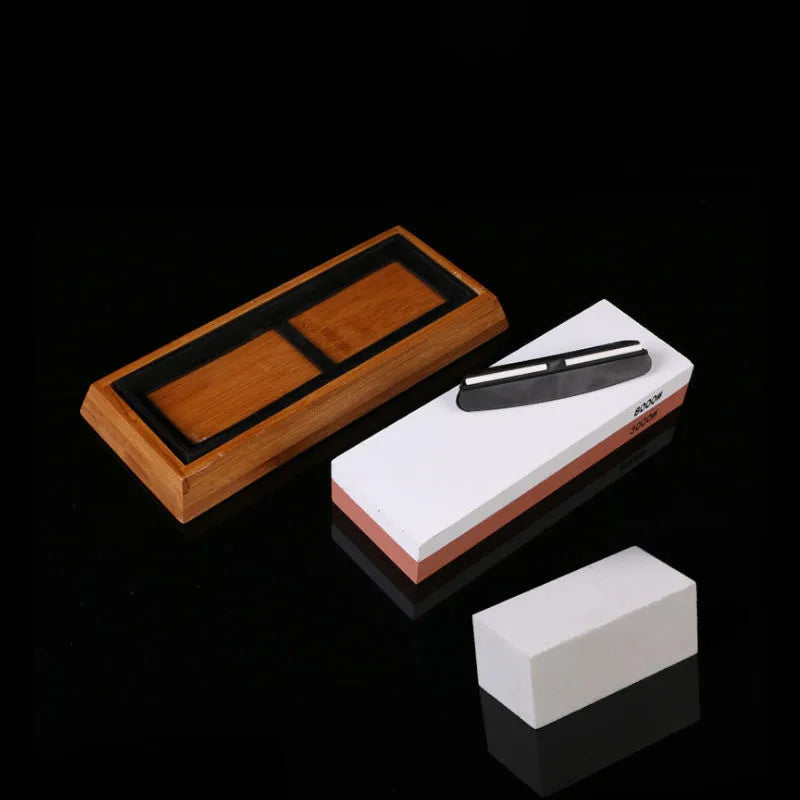 White corundum whetstone with 3000/8000 grit sides, bamboo base, correction stone and accessories for kitchen knife sharpening