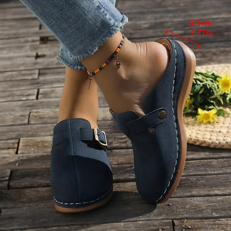 Women's casual wedge slippers in black with closed toe design and rubber sole