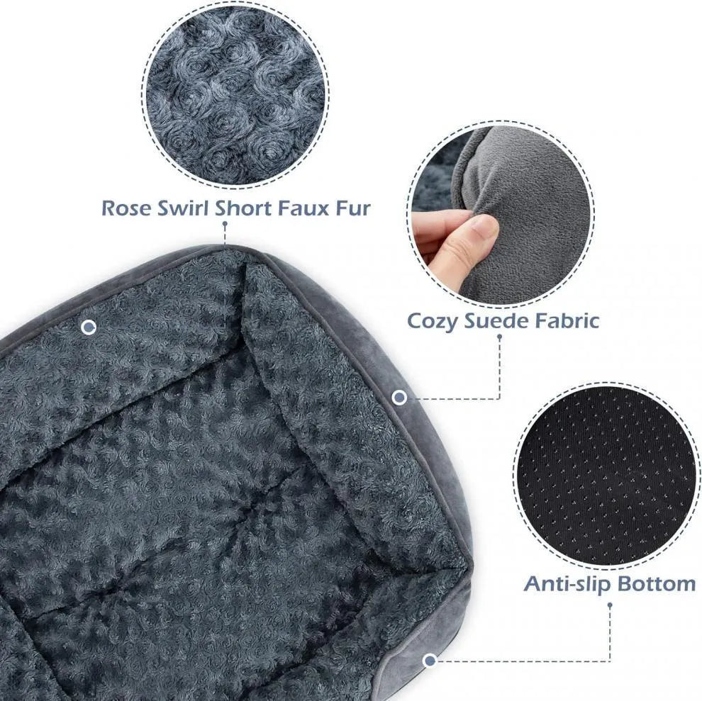 Grey stuffed fabric kennel dog bed for large dogs on a wooden floor
