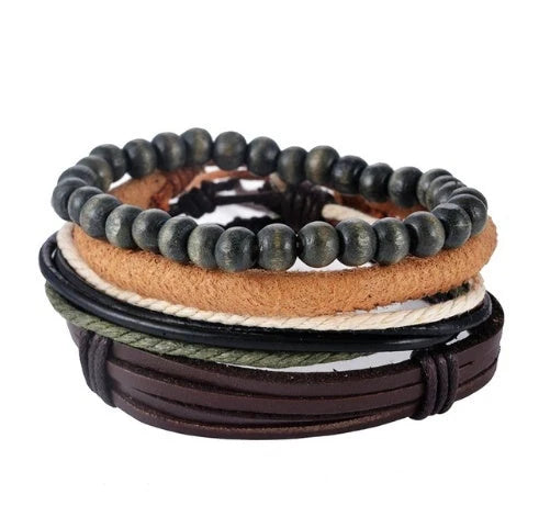 Adjustable leather bracelet with multilayer bead design for men and women