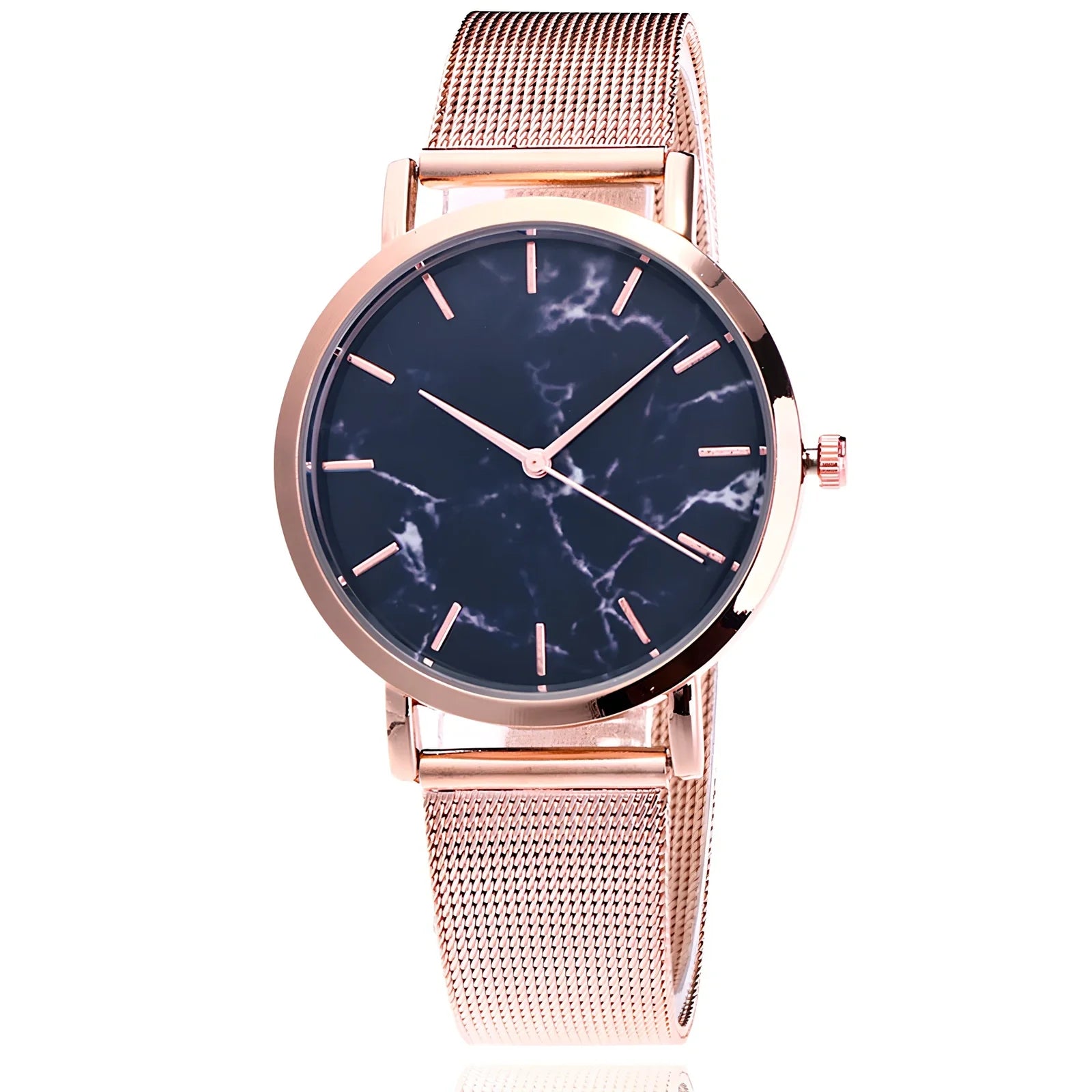 Vansvar women's quartz watch with black marble dial, silver mesh steel band, 3.9 cm diameter, slim 0.9 cm thick for casual wear