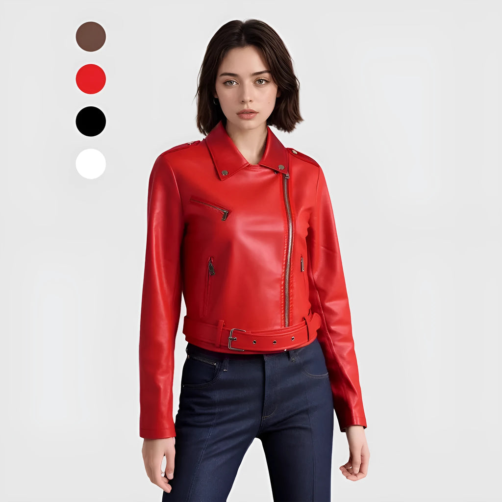 Women's red PU leather motorcycle jacket with lapel collar and waist belt on a model.