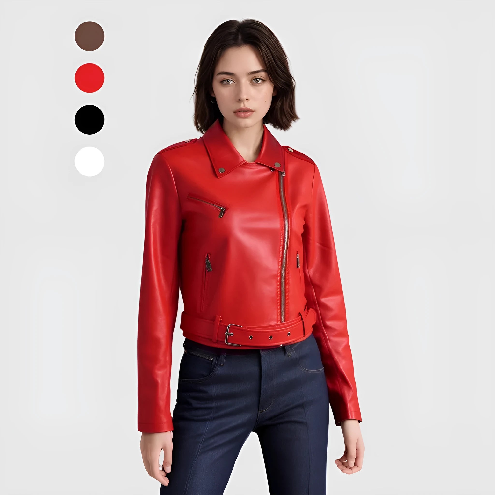 Women's red PU leather motorcycle jacket with lapel collar and waist belt on a model.