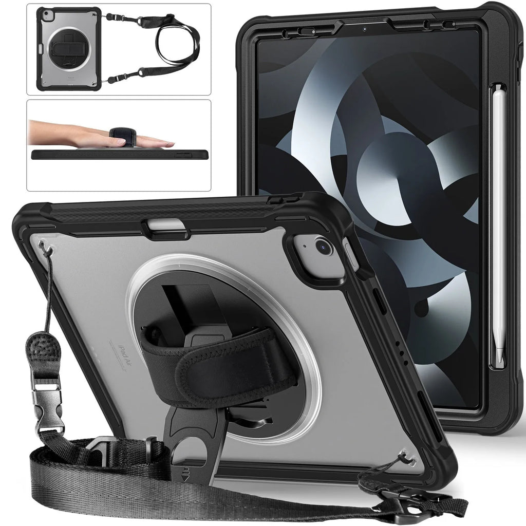 iPad Mini 6 rotating bracket case in black with lanyard and wristlet