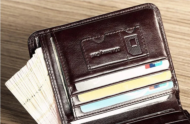 Men's leather wallet showing internal compartments including photo window, card slots and coin pouch