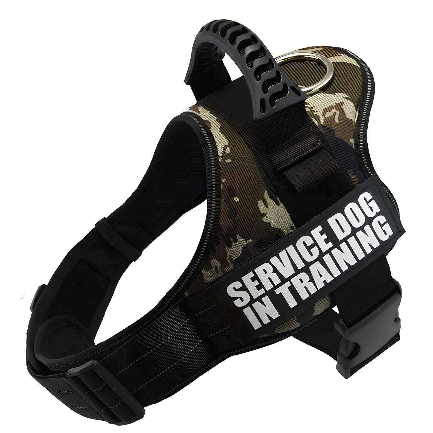 Adjustable reflective dog harness with top handle and metal D-ring for leash attachment