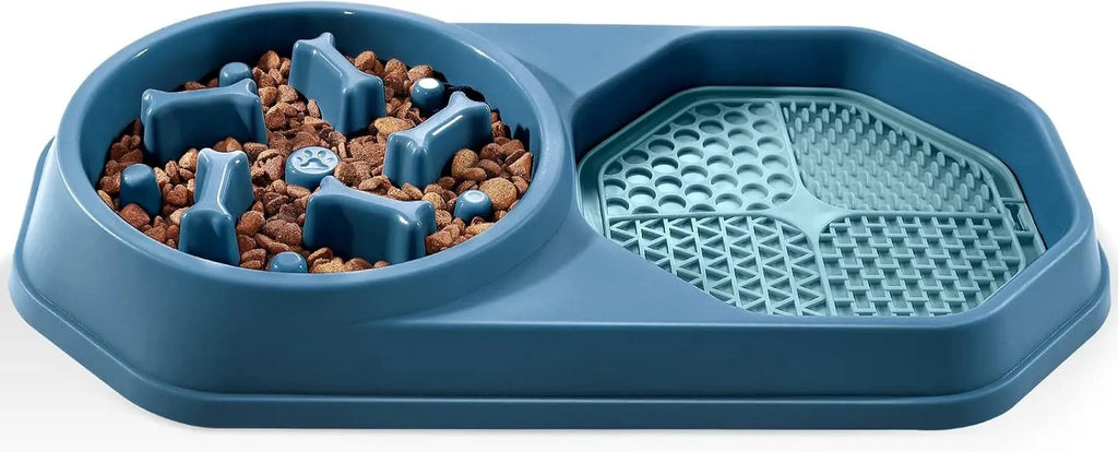 Blue slow feeder dog bowl with maze pattern for anti-gulping, non-slip base, on a wooden floor.