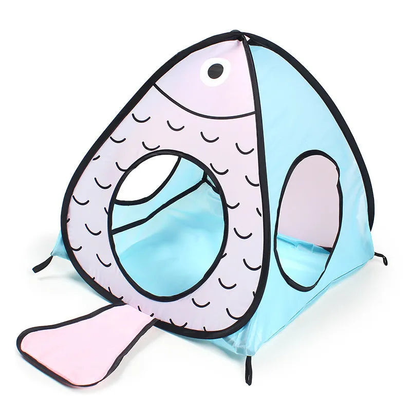Foldable pet tent and tunnel set with cat and fish design in blue, white and orange colours