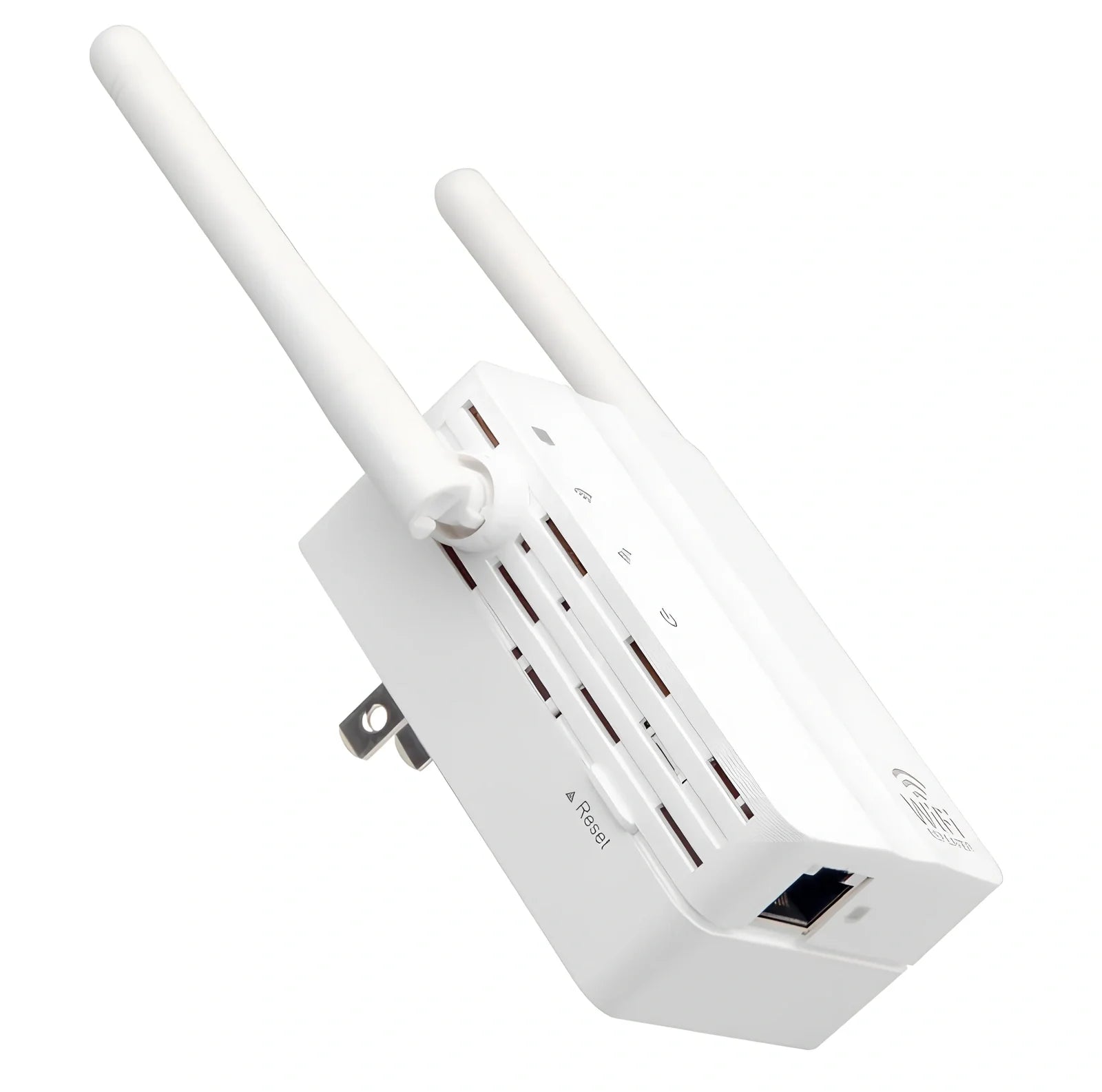 White WiFi signal amplifier measuring 10x9x7cm with 300Mbps speed and 300m range