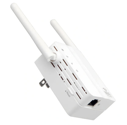 White WiFi signal amplifier measuring 10x9x7cm with 300Mbps speed and 300m range